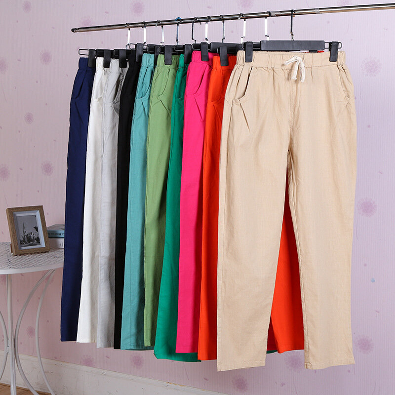 Pantaloni da donna primavera estate pantaloni Harem cotone lino solido elastico in vita pantaloni Harem morbidi di alta qualità per ladys femminili 2023