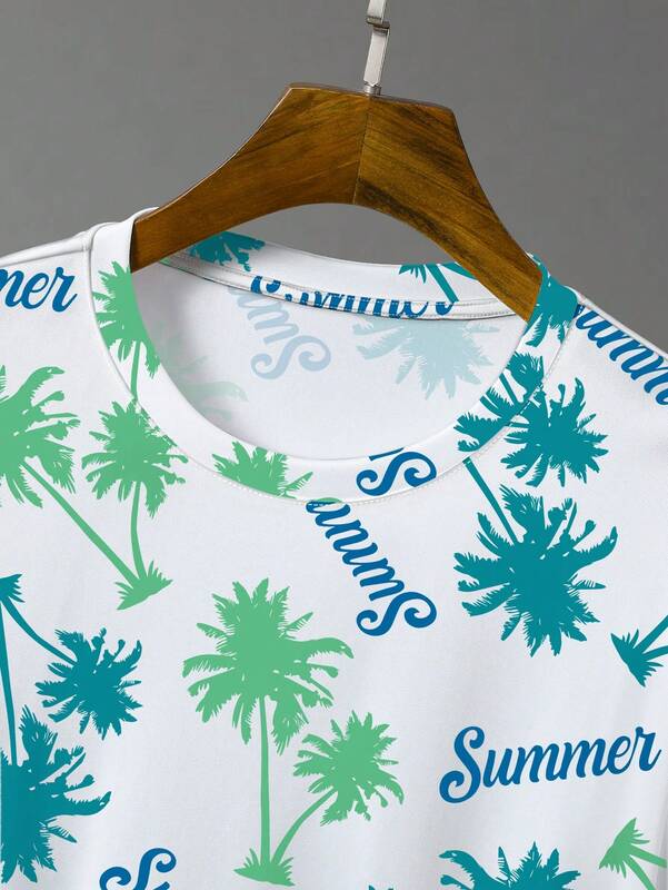 Conjunto de camiseta e shorts de manga curta com estampa palma de praia masculina, terno confortável casual, férias de verão