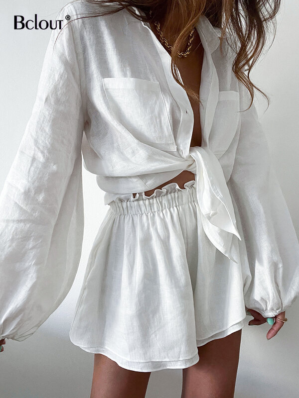 Комплект Bclout женский из 2 предметов, льняные шорты с оборками, белый топ с рукавами-фонариками, свободные шорты с эластичным поясом, костюм для отпуска, лето 2023