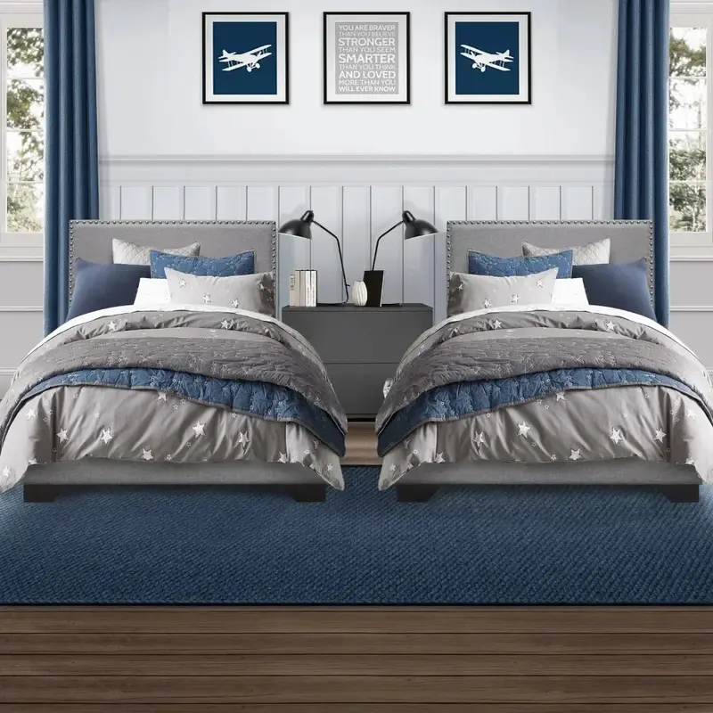 Rama łóżka, tapicerowane podwójne łóżko z platformą, 100% tkanina poliestrowa, drewniane nogi wykończone espresso, drewniane łóżka