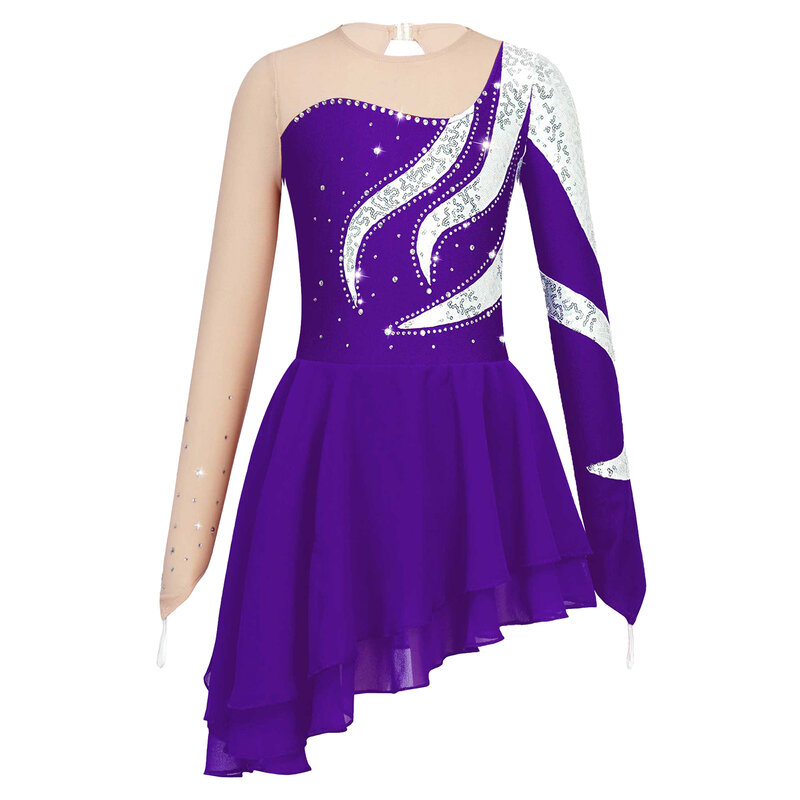 Детское платье для катания на коньках для девочек, блестящее танцевальное платье с блестками, сетчатые шифоновые костюмы балерины