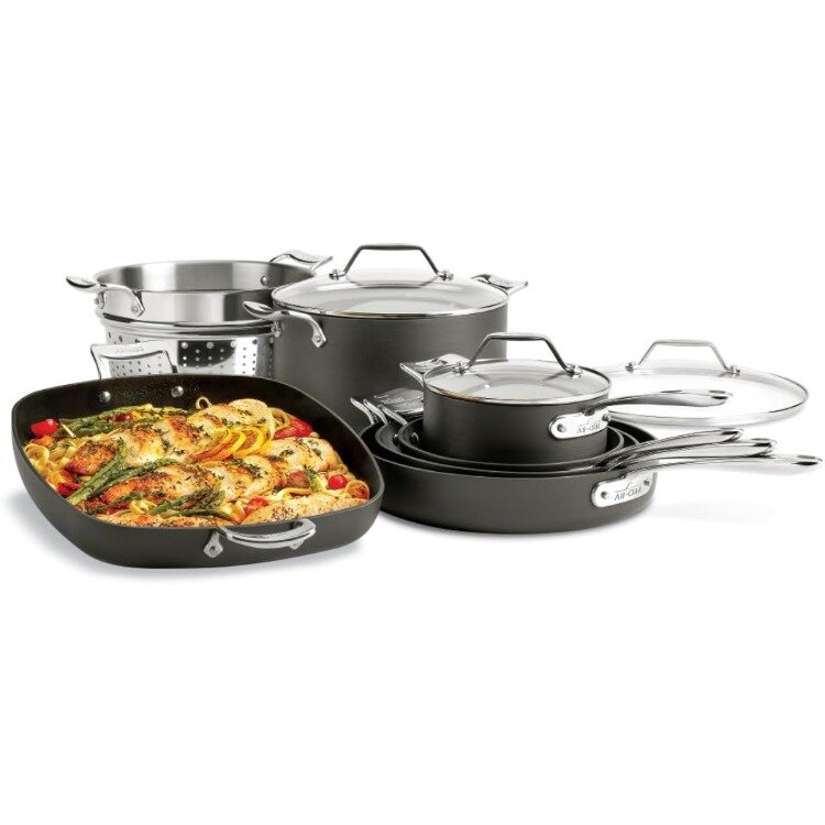 All-Clad Essentials Hard Anodized Nonstick Cookware Set 10 Piece Oven Safe 350F Pots and Pans Black