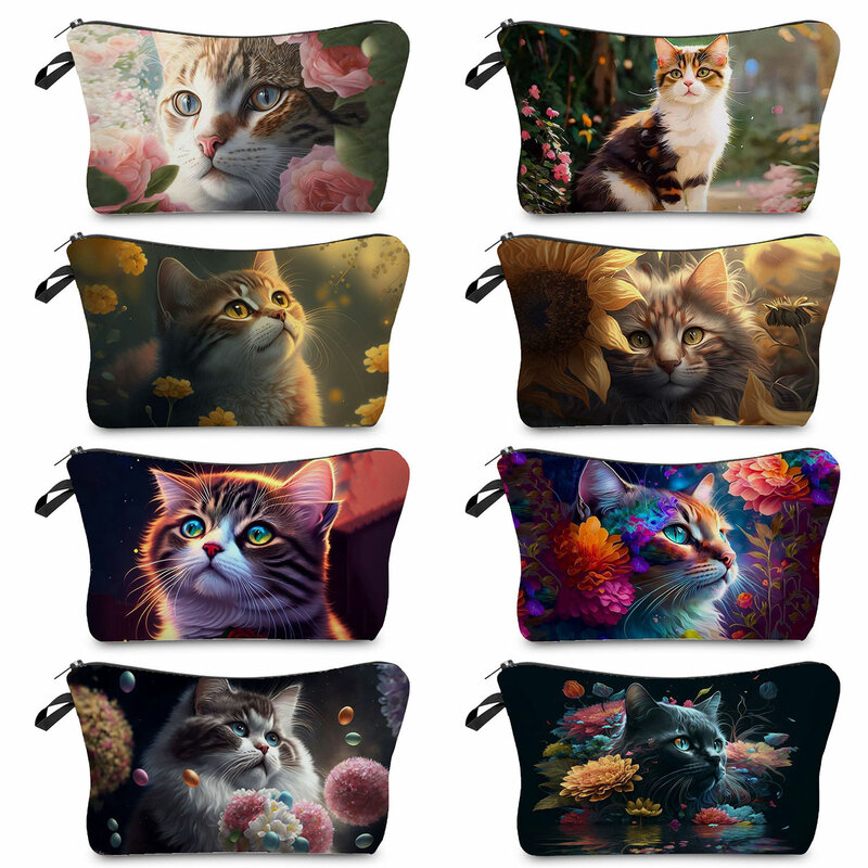 กระเป๋าเครื่องสำอางลำลองสำหรับผู้หญิงกระเป๋าแต่งหน้าพิมพ์ลายสัตว์น่ารักใช้งานได้จริงลายการ์ตูนแมว