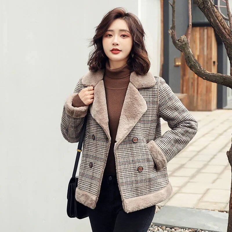 Wome cordeiro casaco de lã 2022 pele de coelho falso outono inverno novo curto solto elegante coreano duplo breasted xadrez outwear