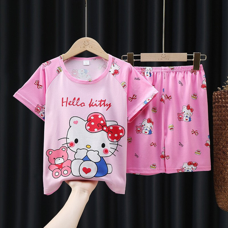 2023 Summer Kawaii Sanrios Kuromi Pajamas Set Cute Anime Cinnamoroll My Melody Children Sleepwear Boys Girls Home Clothes Gifts