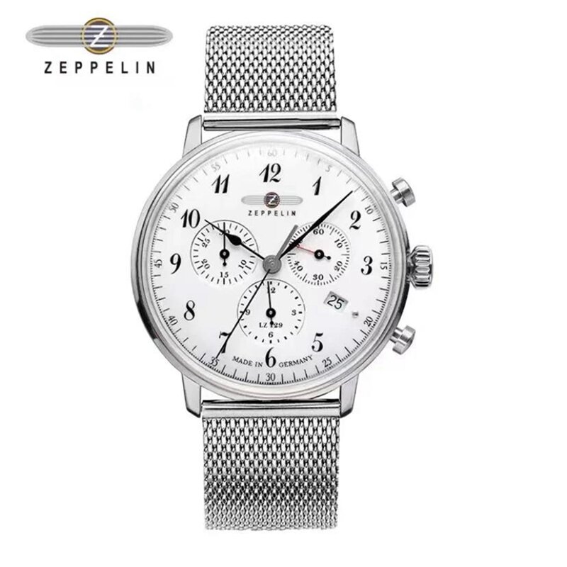 Zeppelinメンズクォーツ時計、ステンレス鋼ストラップ、防水、ビジネス、カジュアル、高級、ドイツ、クロノグラフ