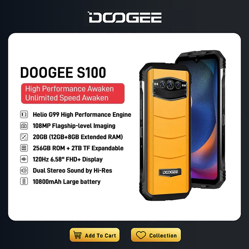 DOOGEE-S100 Câmera tripla AI, Helio G99 Octa Core, Carga Rápida 66W, Bateria 10800mAh, 6.58 "FHD, Display 120Hz, 108MP, 12GB + 256GB