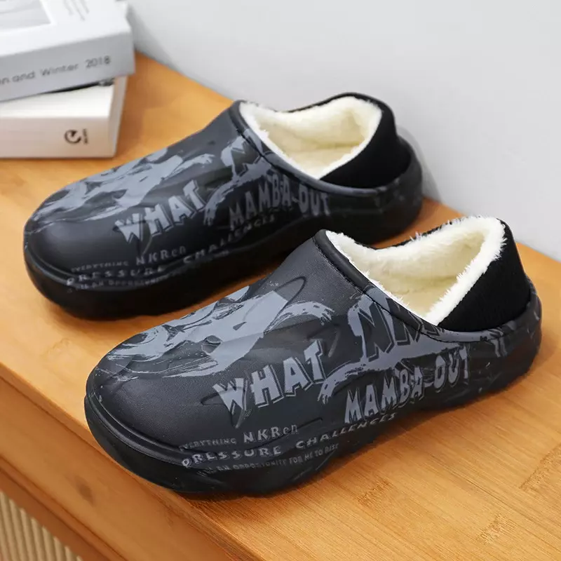 Fashion Winter Fur Slippers for Men Warm Indoor Cotton Shoes Waterproof Outdoor Garden Shoes Slip On Clogs Half Slides Sandals