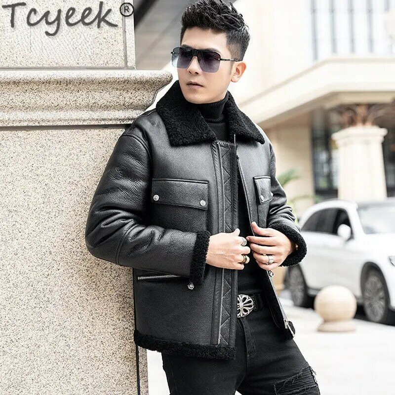 Tcyeek-メンズ本革ジャケット,本物の毛皮のコート,暖かくて自然なシープスキンの毛皮,衣類