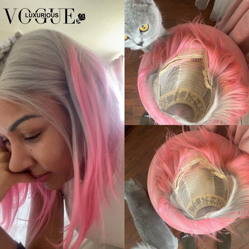 Peluca de cabello humano virgen brasileño, pelo corto Bob con encaje Frontal transparente, 13x6, HD, degradado, color gris y rosa, predespuntado, 13x4