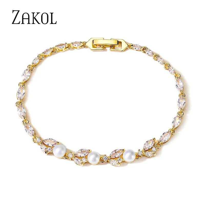 ZAKOL Gelang Pesona Zirkon Daun Klasik Baru untuk Wanita Gelang Mutiara Warna Mawar Putih Emas Perhiasan Mode Wanita BP1029