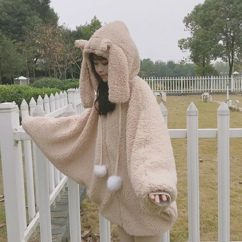 Abrigo Kawaii de piel sintética para mujer, de felpa con Orejas de conejo Sudadera con capucha, manga de murciélago, cremallera, Harajuku, Invierno