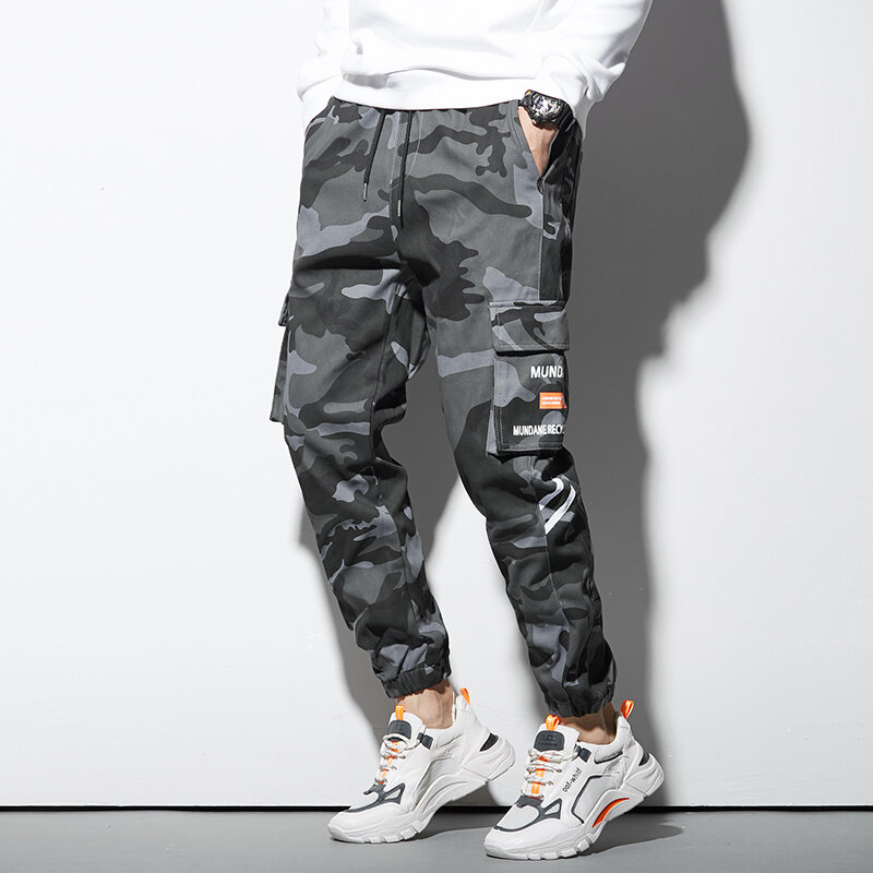 Spring And Autumn New Men's Fashion Work Pants Loose Cotton Camouflage Nine-Minute Pants Large Pockets Drawstring Sports Pants