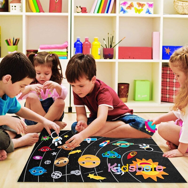 Outer Space Vilt Montessori Boord Speelgoed Zonnestelsel Universe Storytelling Flanel Interactieve Spelen Mat Onderwijs Speelgoed Voor Kinderen