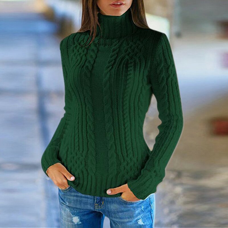 여성용 정사이즈 터틀넥 긴팔 니트 스웨터, 단색 기본 소프트 풀오버 스웨터, 가을 및 겨울