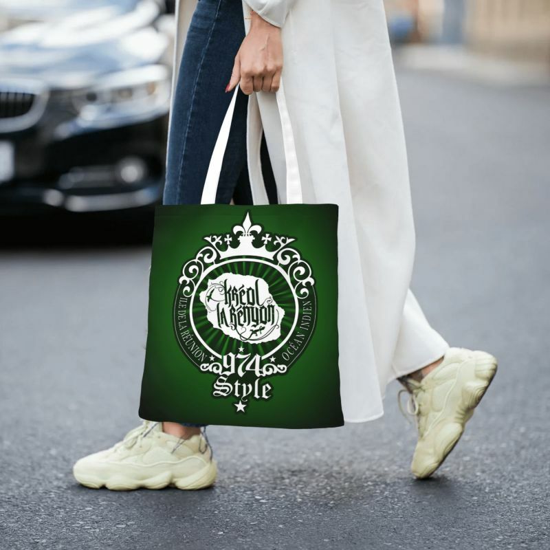 Recycling Kreol La Renyon 974 Style Shopping Bag Women Canvas Shoulder Tote Bag Portable Groceries Shopper Bags