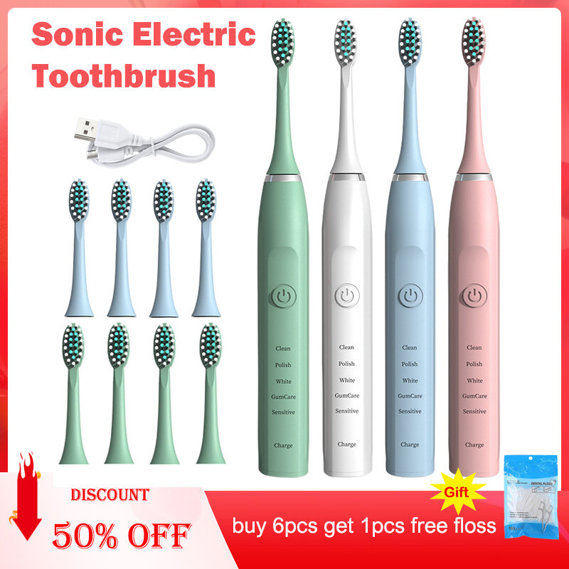 Brosse à dents électrique sonique aste pour adultes, brosse à minuterie, 5 modes, chargeur USB, nettoyage en profondeur, ensemble de têtes de rechange