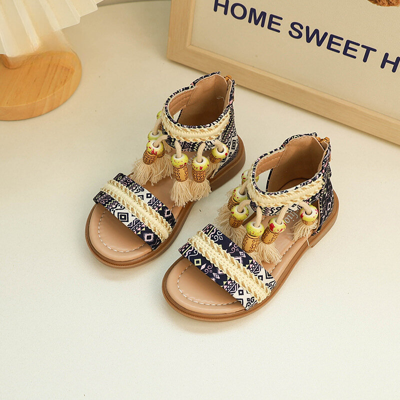 Детские сандалии летние новые богемные туфли принцессы в национальном стиле для девочек модные детские повседневные римские сандалии с открытым носком и бахромой