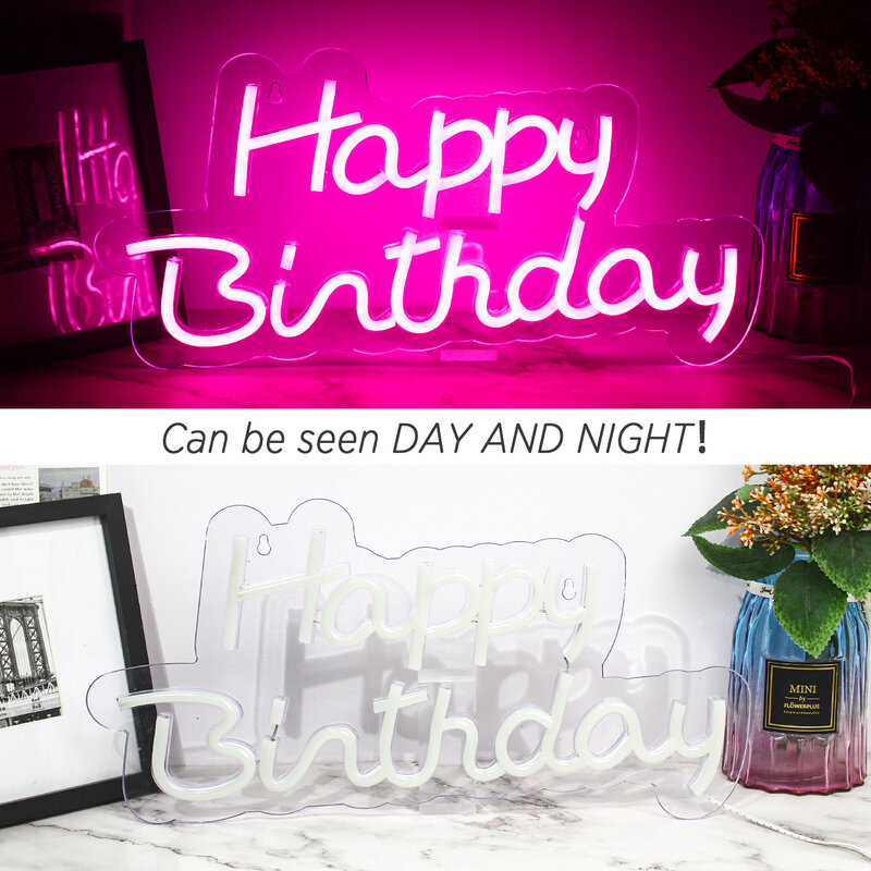 Happy Birthday Letters Neon Signs, Warm LED Lights, Birthday Glow Party Decorações, USB Powered Hanging Neon Wall Lamp, Ornamentos