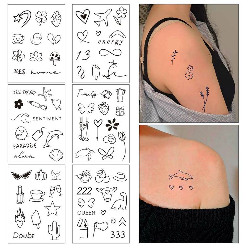 Adesivo impermeável para tatuagem temporária, padrão de linha minimalista, pequena flor falsa, tatuagem manual para mulheres e homens, arte corporal, 6 folhas