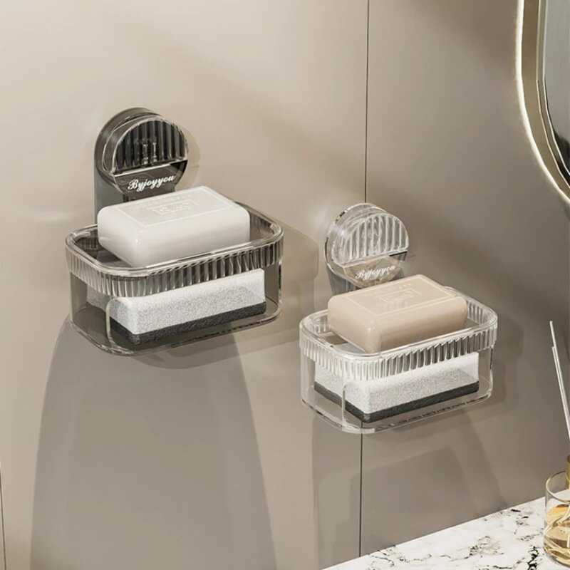 Caja de jabón de drenaje montada en la pared sin perforaciones, caja de jabón de esponja de doble capa, ventosa de plástico, soporte de jabón, estante de baño