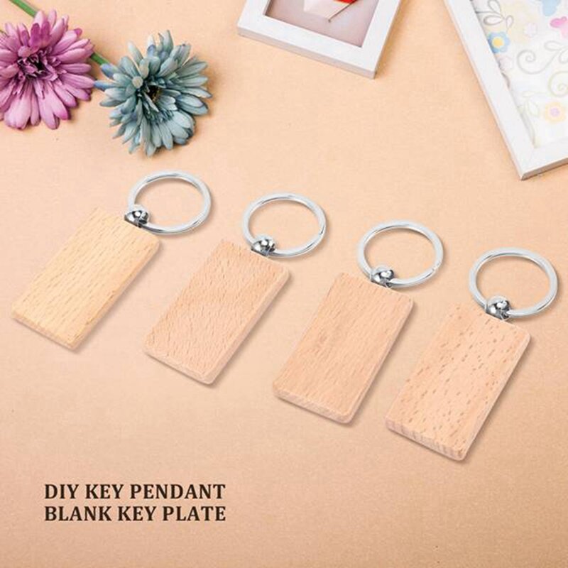 70PCS Wood Keychain Blanks Unfinished Round Wood Key Tag For DIY Crafts-Rectangle