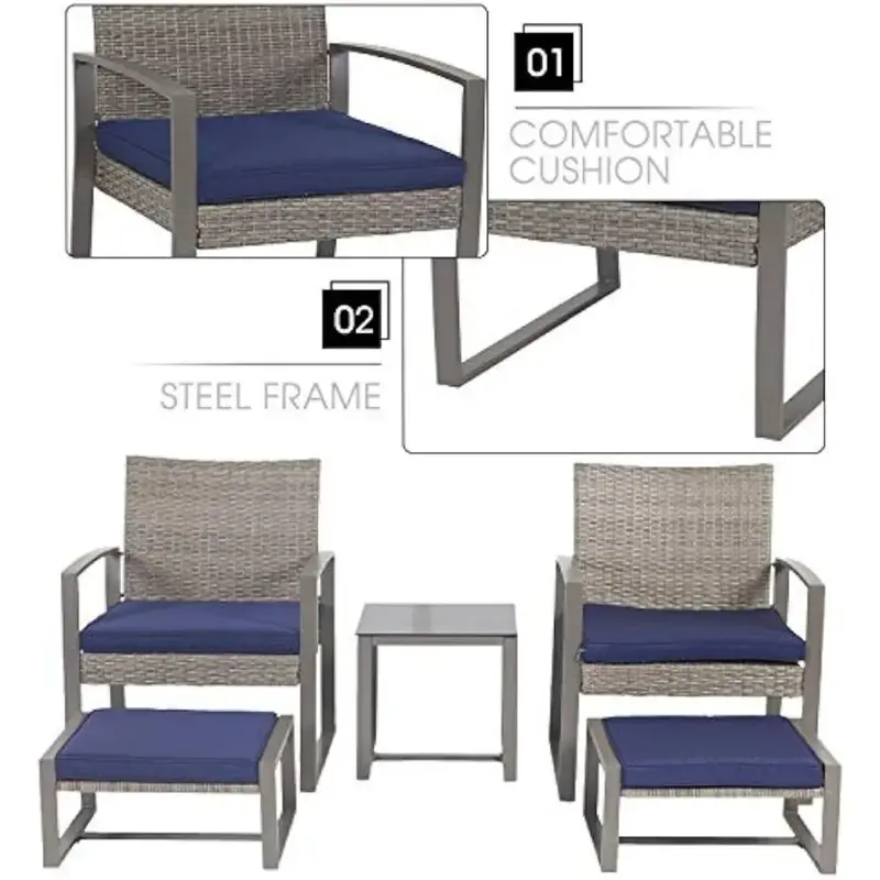 PE籐製屋外家具,布張りの椅子,バルコニー,ラップトップ,コーヒーサイド,5個セット。