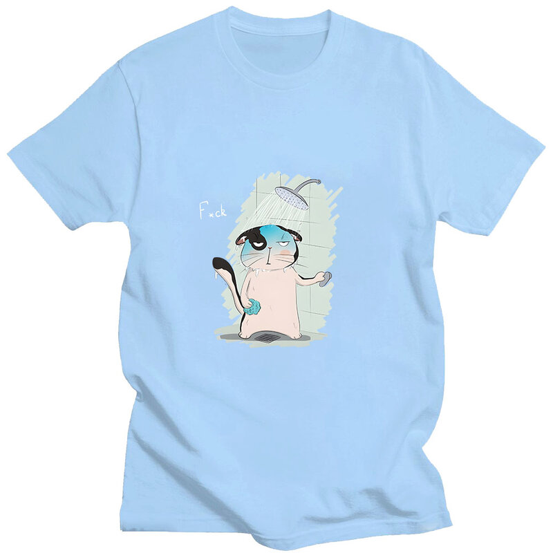T-shirt de douche de chat de dessin animé imprimé, t-shirt en coton de dessin animé, manches courtes, style coréen décontracté, vêtements doux