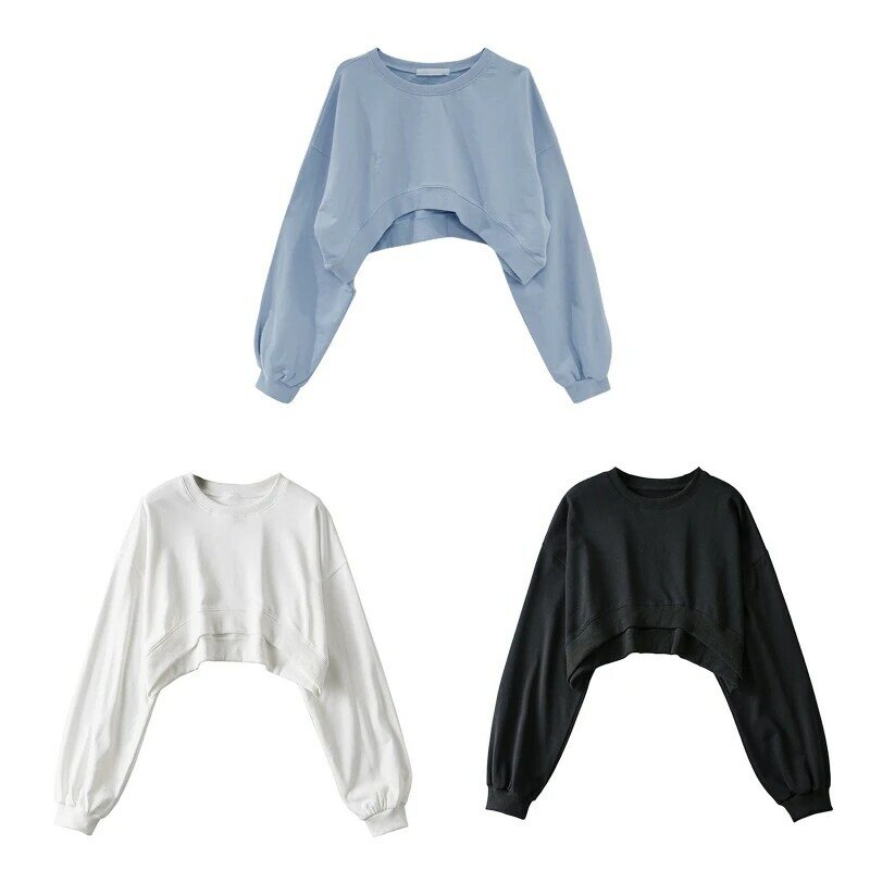 Women Pullover Cropped Hoodies Long Sleeves Sweatshirts Casual Crop Tops Solid Color Short Tops for Spring Autumn Winter