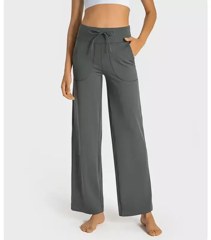 Lemon-Pantalon de yoga taille haute à jambes larges pour femme, vêtement d'extérieur, jogging, sport, évasé