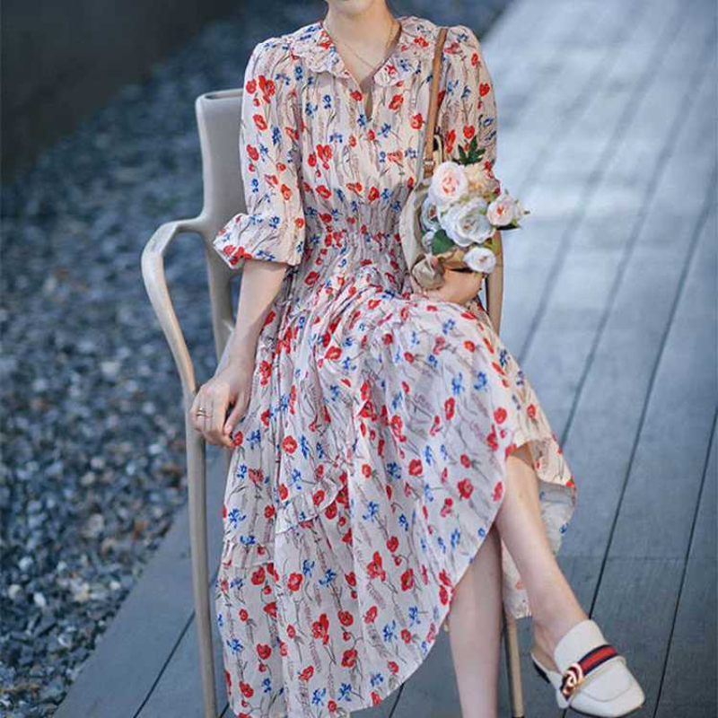 Gaun wanita elegan motif teh, rok panjang Super peri Prancis, gaya musim semi, rok panjang elegan motif dewi