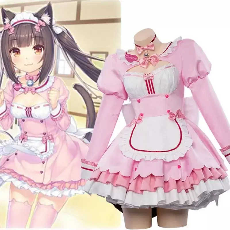 Game Chocola Nekopa Cosplay Costume Clothes Wig Vanilla Suit Cat Girl Maid Costume Lolita Women Skirt Lovable Pink Blue Color