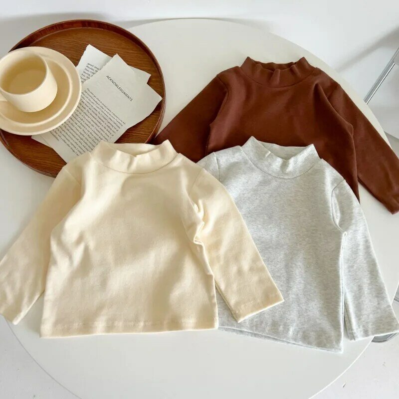 Camiseta de algodón para niña, camisa cálida de manga larga con cuello alto, Color caramelo, otoño, 2024