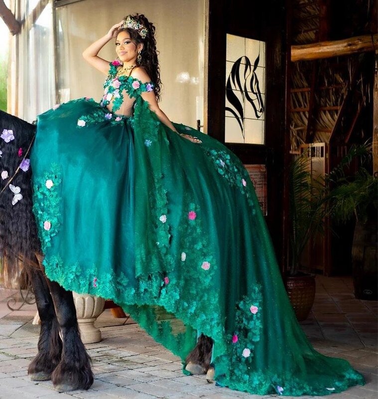 Green Princess Quinceanera Dresses Ball Gown Off The Shoulder Appliques Floral Sweet 16 Dresses 15 Años Custom