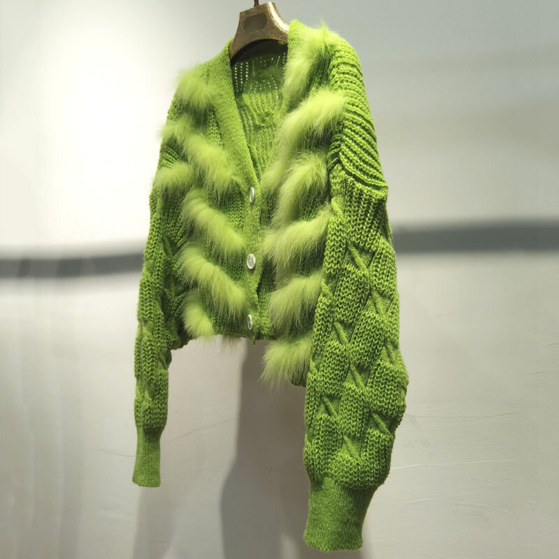 Damska sweter dziergany jesienna z prawdziwe futro z lisa paskiem damska moda z długim rękawem dla futerka kurtka z dzianiny z guzikiem