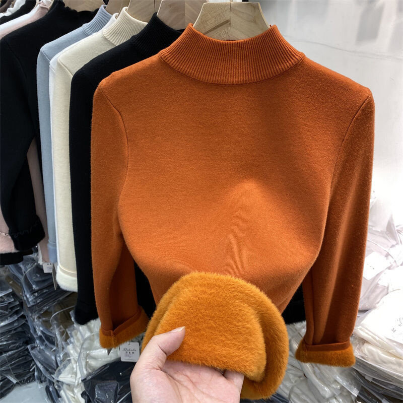 Korean Turtleneck Slim Thicken Knitted Pullovers Woman 2024 Winter Plus Velvet Sweater Casual Fleece Lined Warm Knitwear Tops