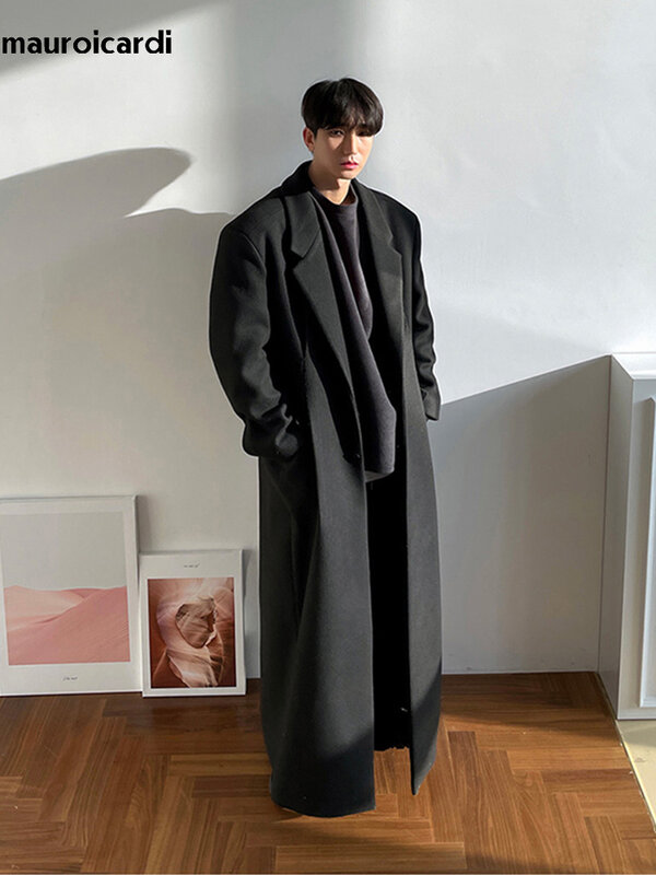 Mauroicardi mantel wol untuk pria, mantel panjang lantai mewah kasual longgar hitam hangat ekstra panjang musim gugur musim dingin