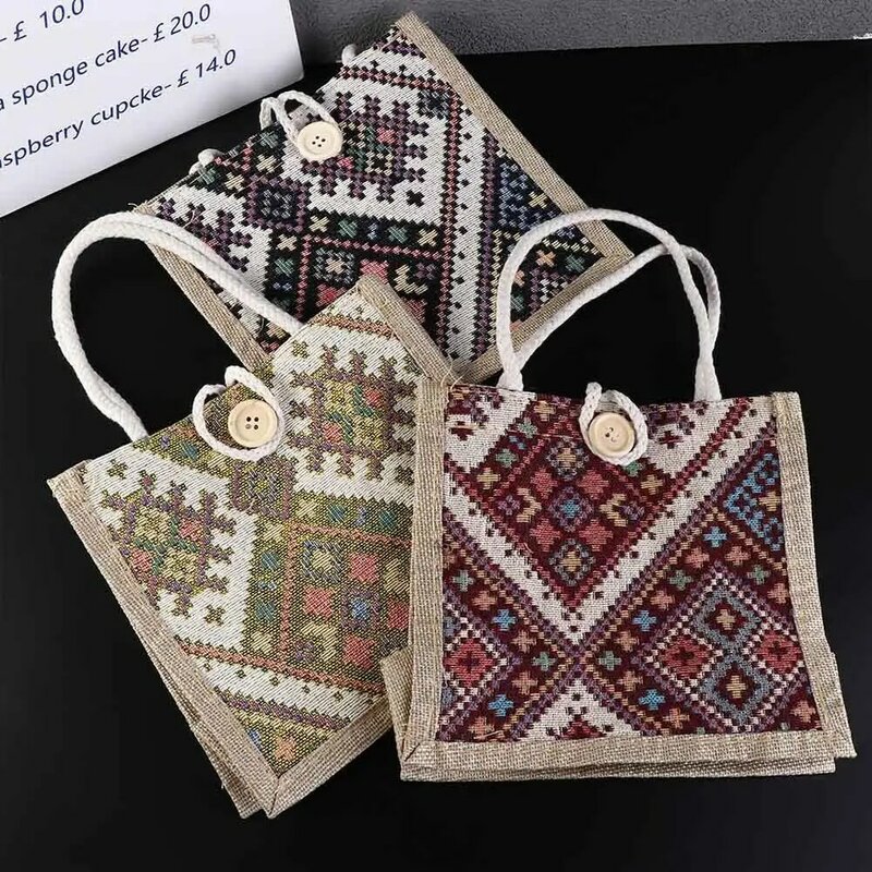 Print Ethnic Style Canvas Bag Cute Portable Large Capacity Printing Cloth Lunch Bag Tote Bag Embroidery Linen Handbag Children