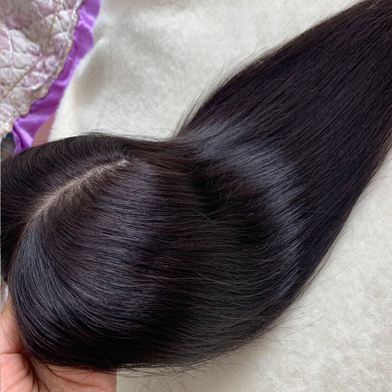 Base de seda completa para mujer, peluquín de cabello humano liso con 5 Clips, piezas de cabello humano virgen, reemplazo de cabello marrón, 9x14