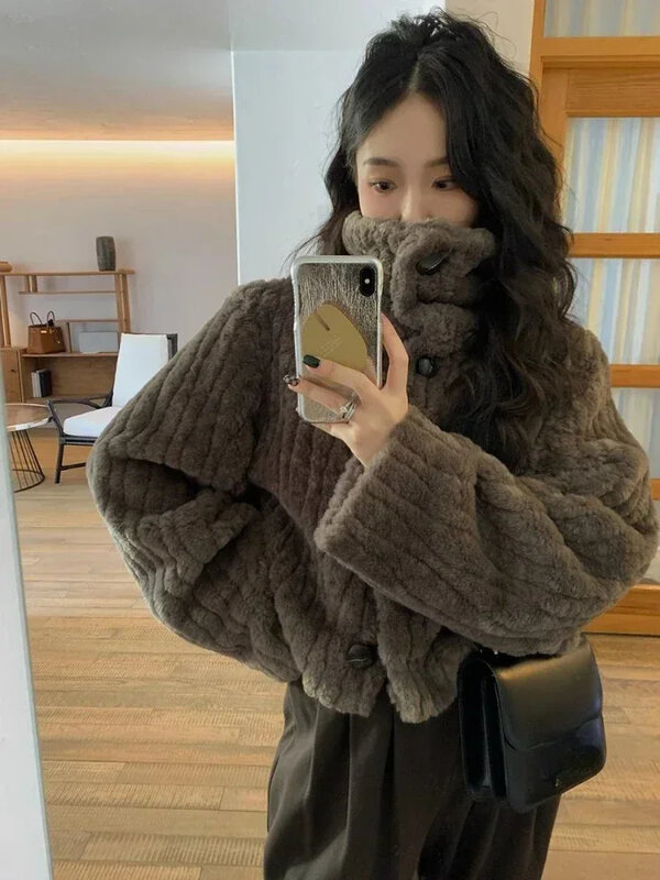 Vintage Cropped Stand Neck Loose Casual Jacket Japanese Streetwear Fashion Y2k Fluffy Coats Aesthetic Grunge Women Chaqueta Coat
