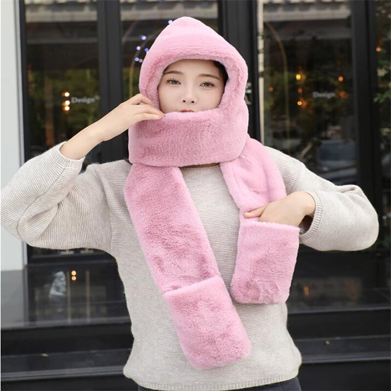 Cute Winter Hats And Gloves Scarf For Women Soft Luxury Warm 3-In-1 Set Female Cute Coldproof Fashion Outdoor Cycling Windproof