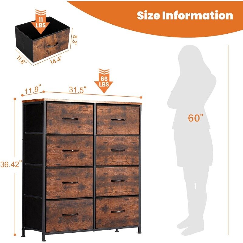 Dresser, Dresser for Bedroom, Storage Drawers, TV Stand Fabric Storage Tower with 8 Drawers, Chest of Drawers
