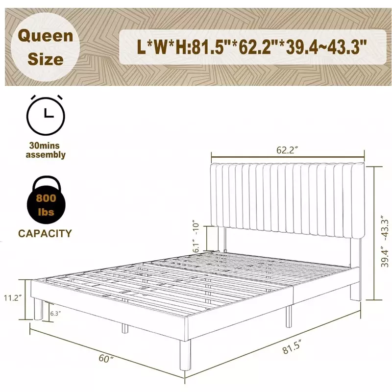 퀸 사이즈 침대 프레임, 머리판이 있는 벨벳 덮개 플랫폼, 조립하기 쉬움, 스프링 없음, 나무 칸막이, 짙은 회색