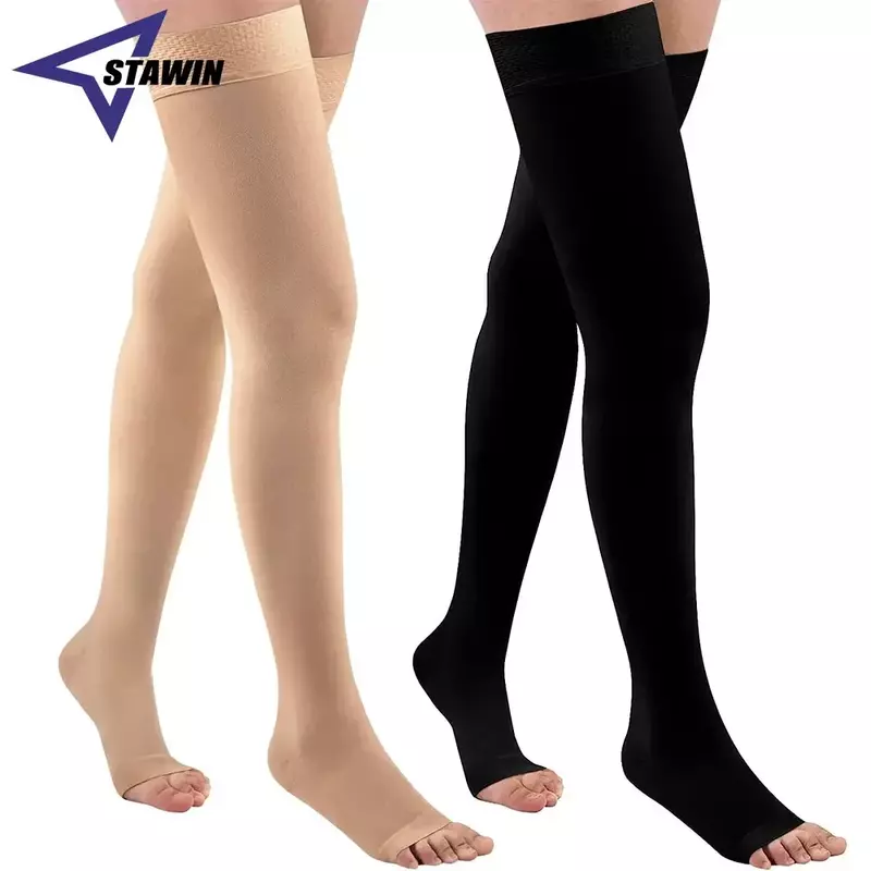 Stoking kompresi Paha tinggi 20-32mm Hg, kaus kaki kompresi tanpa jari untuk wanita dan pria, sirkulasi dengan pita titik silikon 1 pasang