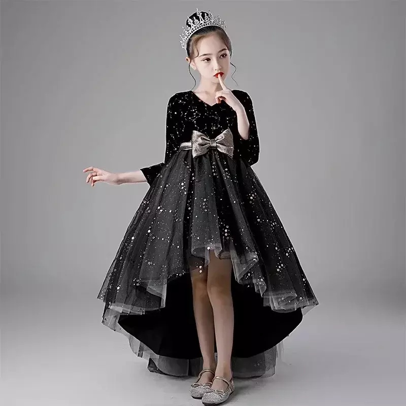 Piano performance flower girl princess black long sleeved performance children's host stage walk dress