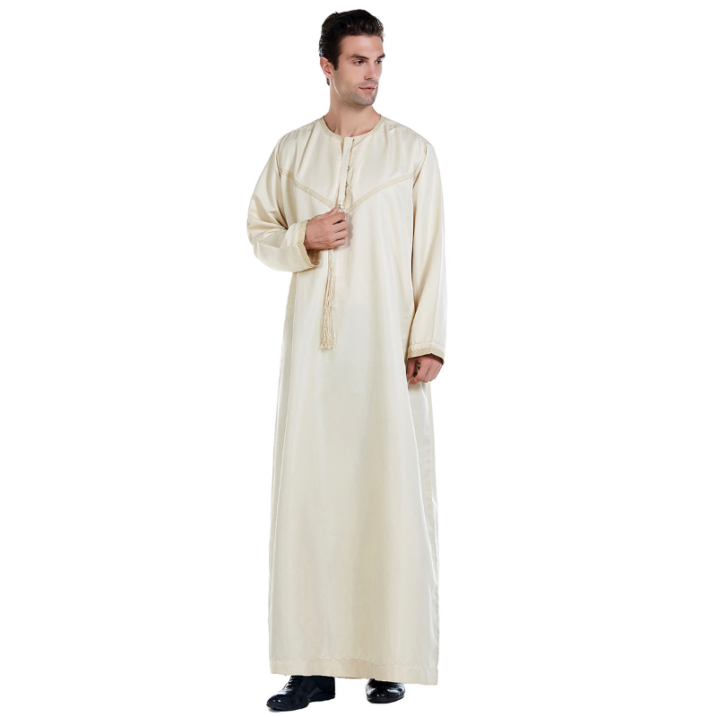 Manga comprida em torno do pescoço para homens, Jubba solto simples, roupas masculinas muçulmanas da Arábia Saudita, cor sólida, Thobes do Oriente Médio, 2021