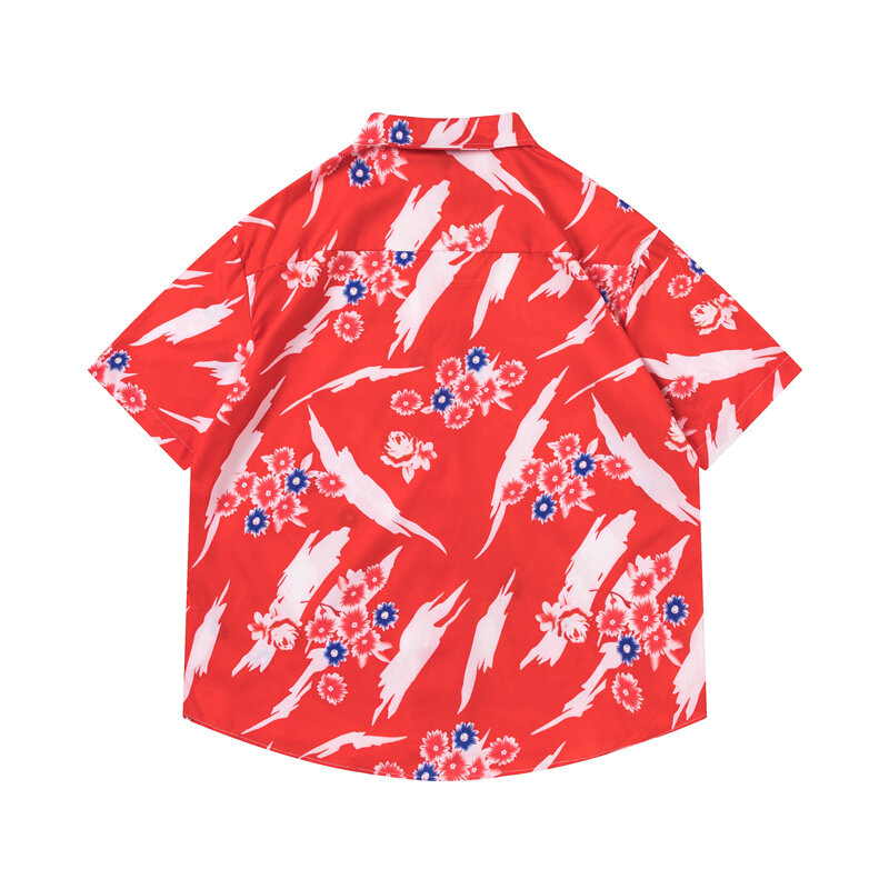 Camisa hawaiana roja para hombre y mujer, traje de pantalones cortos informales, estampado completo, solapa, Verano