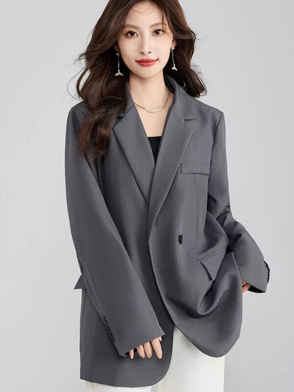 เสื้อเบลเซอร์สีเทาสำหรับผู้หญิงเสื้อสูท MODE Korea โอเวอร์ไซส์สำหรับใส่ในออฟฟิศเสื้อเบลเซอร์ผู้หญิง