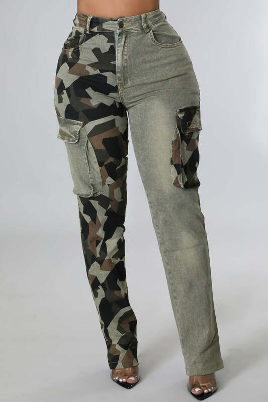 Calça jeans de cintura alta Camo Patchwork, streetwear Y2K, calça jeans casual com zíper, calça casual versátil, tendência coreana, novidade