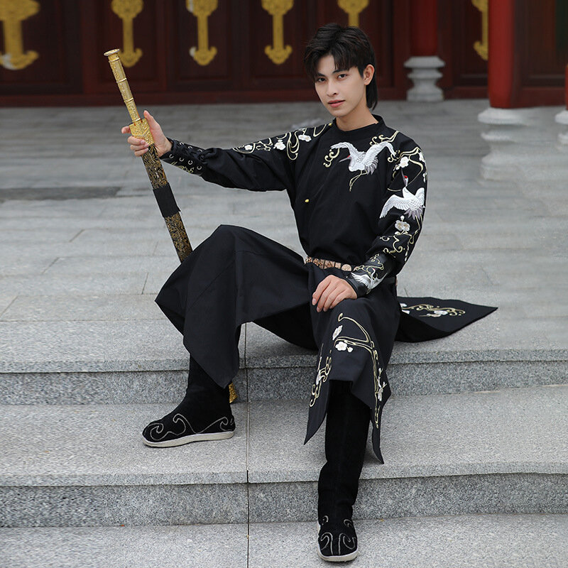 Vestido tradicional chinês Hanfu para homens Tang Suit Cardigan Oriental Trajes Cosplay Orientais Trajes de festa Bordado de guindaste Moda